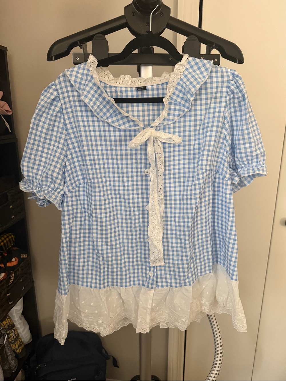 SHEIN Blue White Gingham Lace-Trim Puff Sleeve Blouse